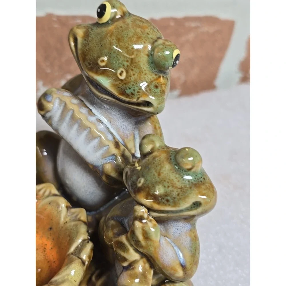 Frogs Toads Votive Candle‎ Holder Playing Instruments on Lily Pad Ceramic Lot 2